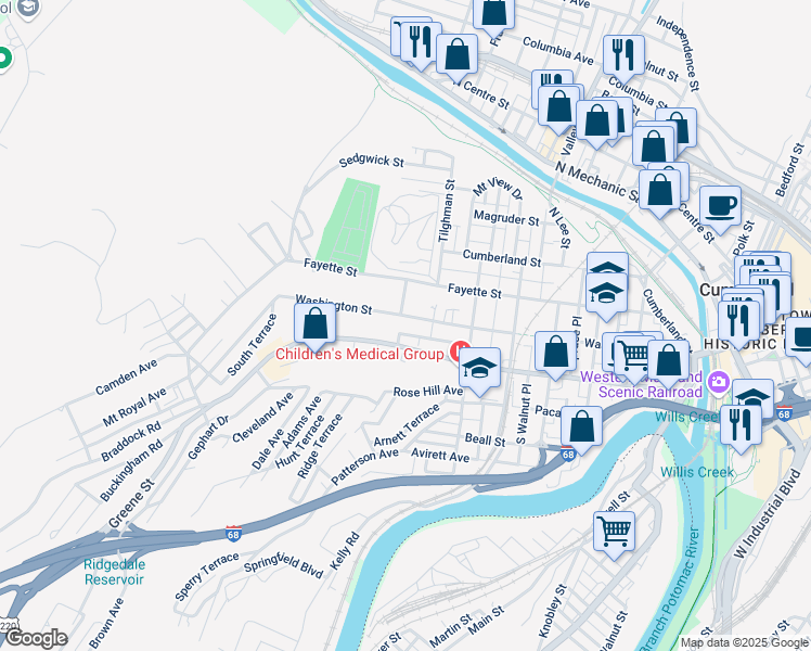 map of restaurants, bars, coffee shops, grocery stores, and more near 527 Washington Street in Cumberland