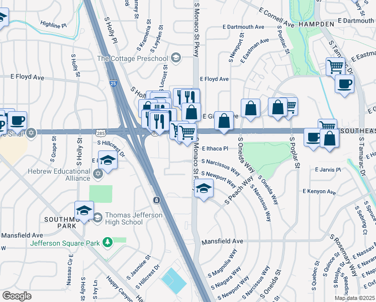 map of restaurants, bars, coffee shops, grocery stores, and more near in Denver