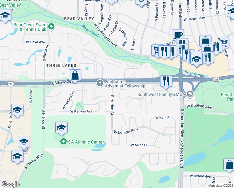 map of restaurants, bars, coffee shops, grocery stores, and more near 3550 South Harlan Street in Lakewood