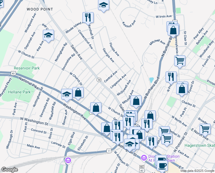 map of restaurants, bars, coffee shops, grocery stores, and more near 724 Salem Avenue in Hagerstown