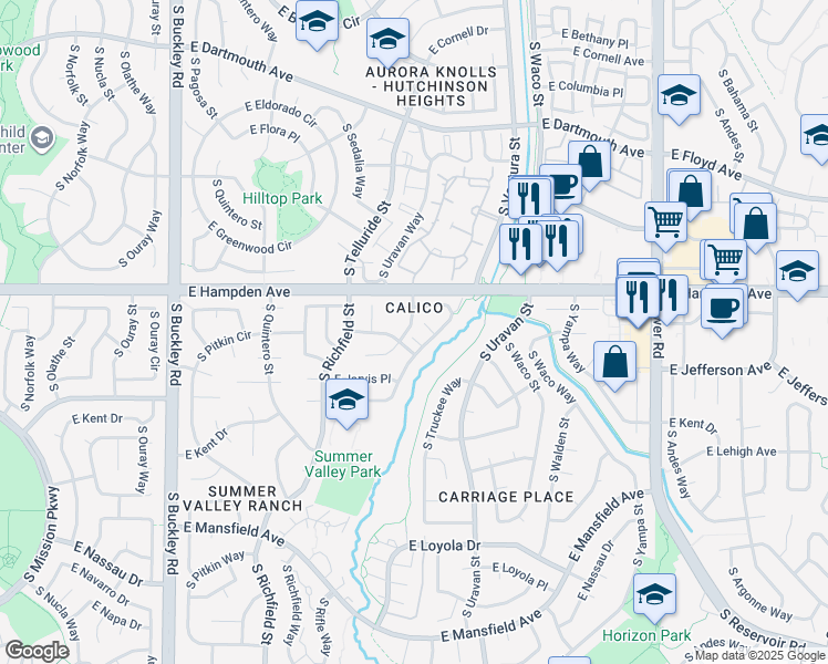 map of restaurants, bars, coffee shops, grocery stores, and more near 17666 East Ithaca Place in Aurora