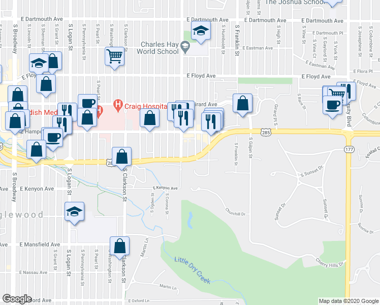 map of restaurants, bars, coffee shops, grocery stores, and more near in Englewood