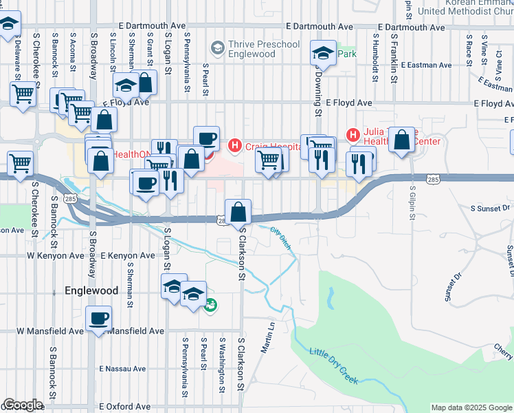 map of restaurants, bars, coffee shops, grocery stores, and more near 3533 South Emerson Street in Englewood