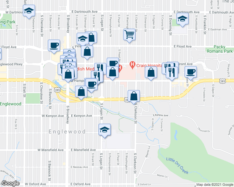 map of restaurants, bars, coffee shops, grocery stores, and more near 3540 South Pearl Street in Englewood