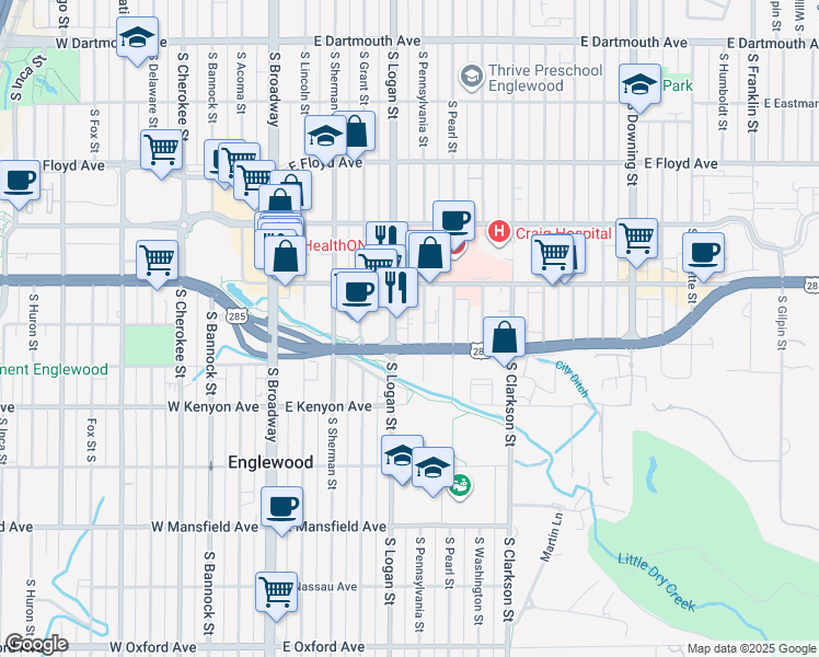 map of restaurants, bars, coffee shops, grocery stores, and more near 3531 South Pennsylvania Street in Englewood
