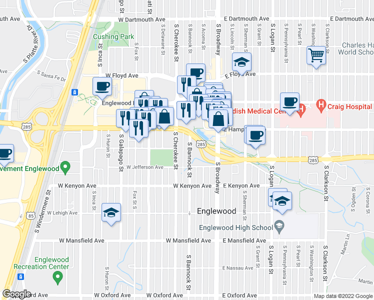 map of restaurants, bars, coffee shops, grocery stores, and more near 3536 South Cherokee Street in Englewood