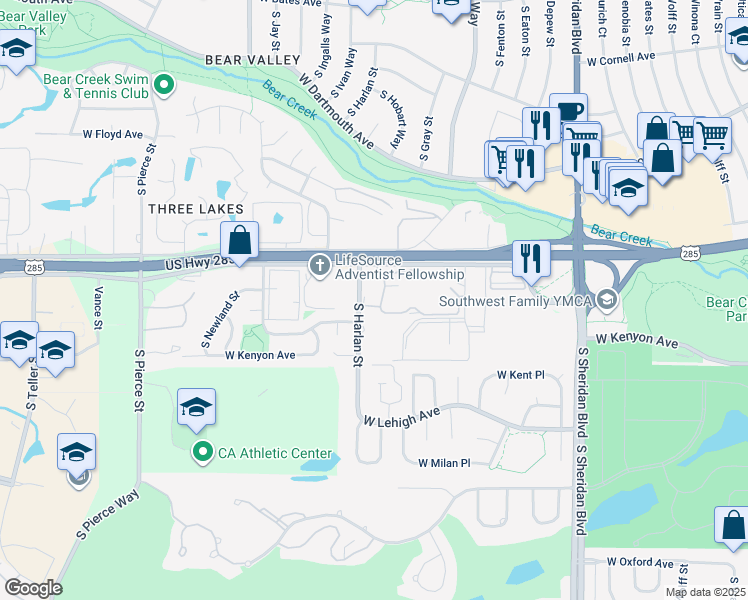 map of restaurants, bars, coffee shops, grocery stores, and more near 3550 South Harlan Street in Denver