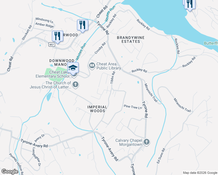 map of restaurants, bars, coffee shops, grocery stores, and more near 60 Tibbs Road in Morgantown