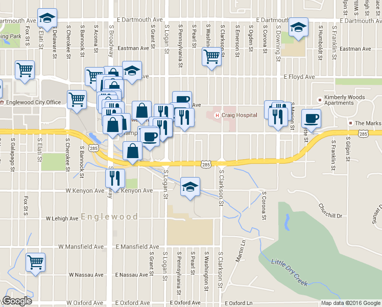 map of restaurants, bars, coffee shops, grocery stores, and more near 3540 South Pearl Street in Englewood