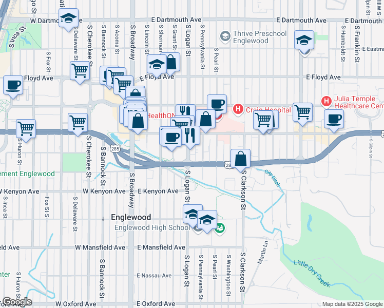 map of restaurants, bars, coffee shops, grocery stores, and more near 3531 South Pennsylvania Street in Englewood