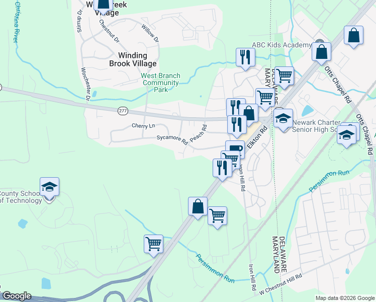map of restaurants, bars, coffee shops, grocery stores, and more near 237 Sycamore Road in Elkton