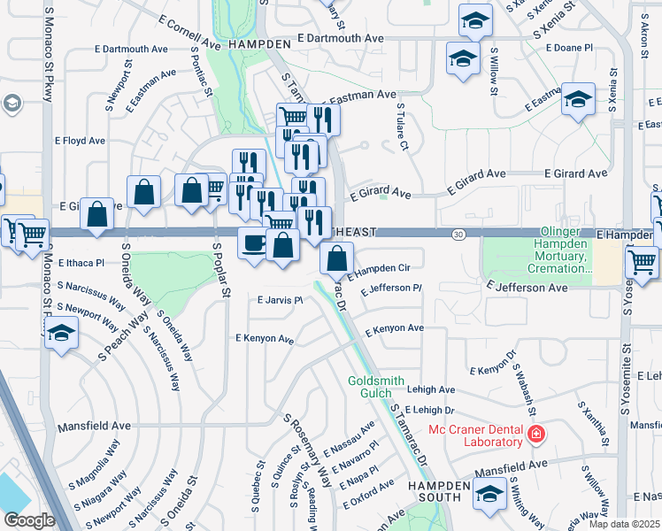 map of restaurants, bars, coffee shops, grocery stores, and more near in Denver