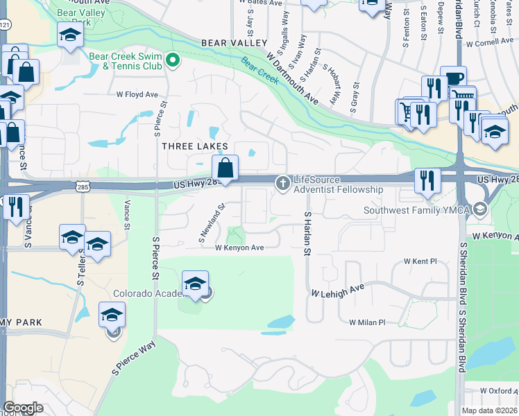 map of restaurants, bars, coffee shops, grocery stores, and more near 3550 South Kendall Street in Denver