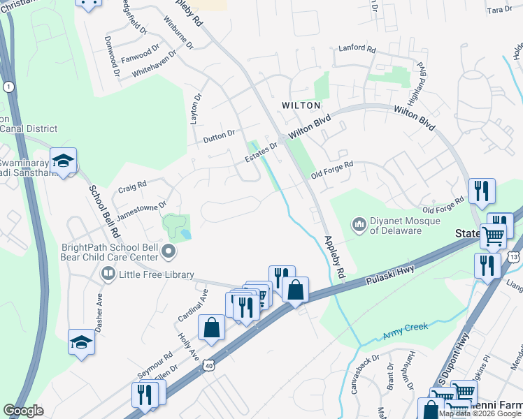 map of restaurants, bars, coffee shops, grocery stores, and more near 1184 Old Forge Road in New Castle