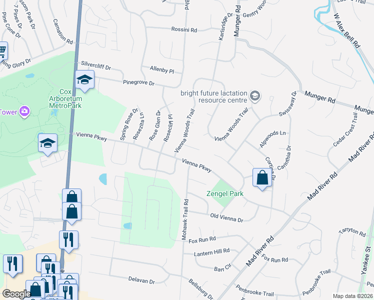 map of restaurants, bars, coffee shops, grocery stores, and more near 6973 Vienna Woods Trail in Dayton