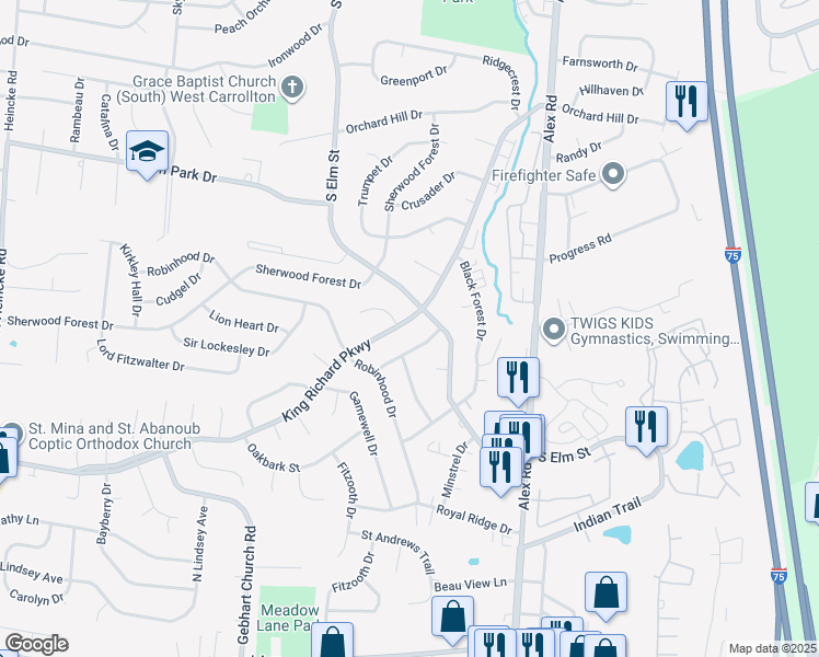 map of restaurants, bars, coffee shops, grocery stores, and more near 1401 King Richard Parkway in Dayton