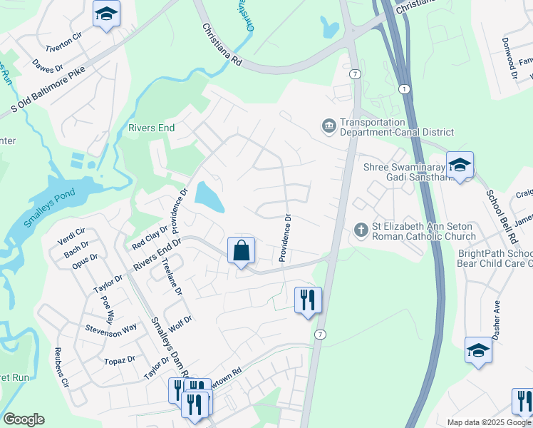 map of restaurants, bars, coffee shops, grocery stores, and more near 10 Christina Court in Bear