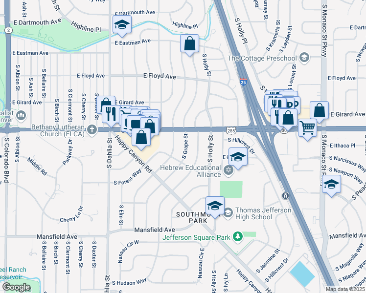 map of restaurants, bars, coffee shops, grocery stores, and more near 3512 South Grape Street in Denver