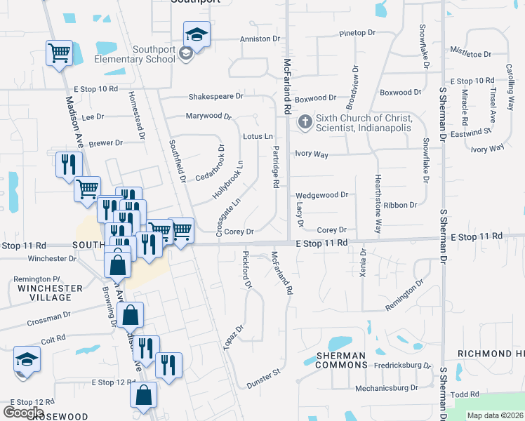 map of restaurants, bars, coffee shops, grocery stores, and more near 7836 Partridge Road in Southport
