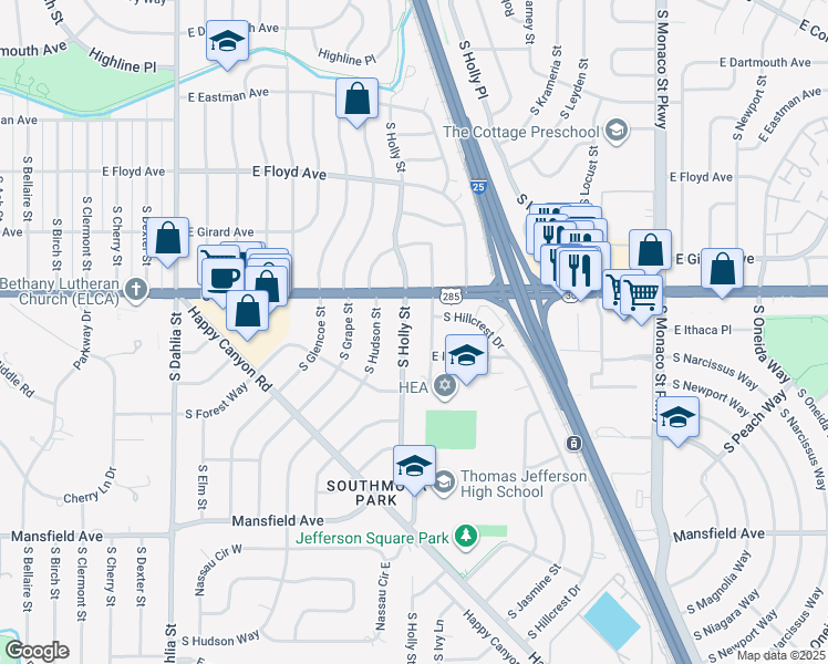 map of restaurants, bars, coffee shops, grocery stores, and more near 3511 South Ivanhoe Way in Denver