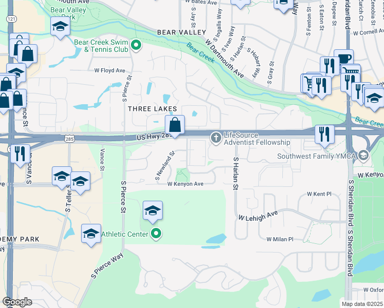 map of restaurants, bars, coffee shops, grocery stores, and more near 3550 South Kendall Street in Denver