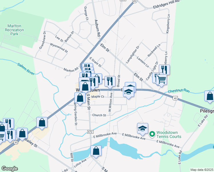 map of restaurants, bars, coffee shops, grocery stores, and more near 32 Bowen Avenue in Woodstown