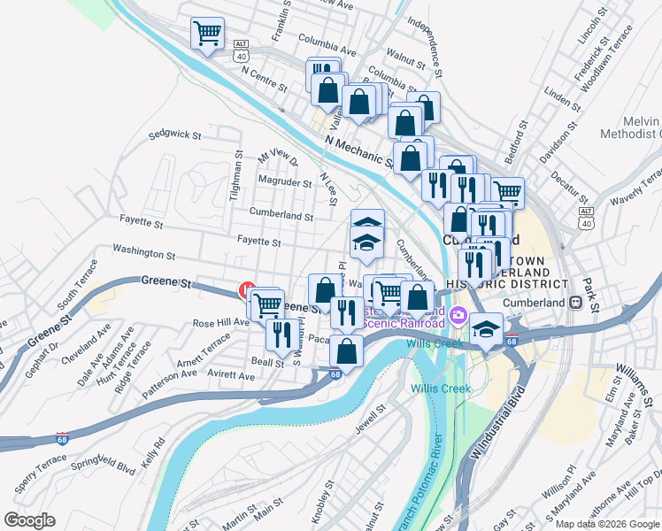 map of restaurants, bars, coffee shops, grocery stores, and more near 221 Fayette Street in Cumberland