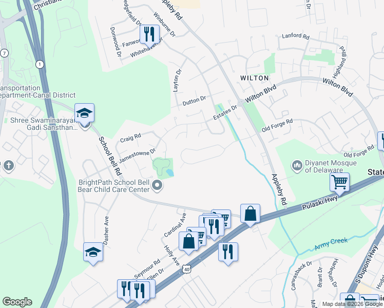 map of restaurants, bars, coffee shops, grocery stores, and more near 1054 Old Forge Road in New Castle