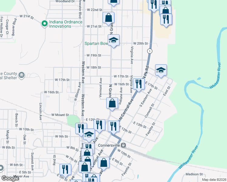 map of restaurants, bars, coffee shops, grocery stores, and more near 1523 Indiana Avenue in Connersville