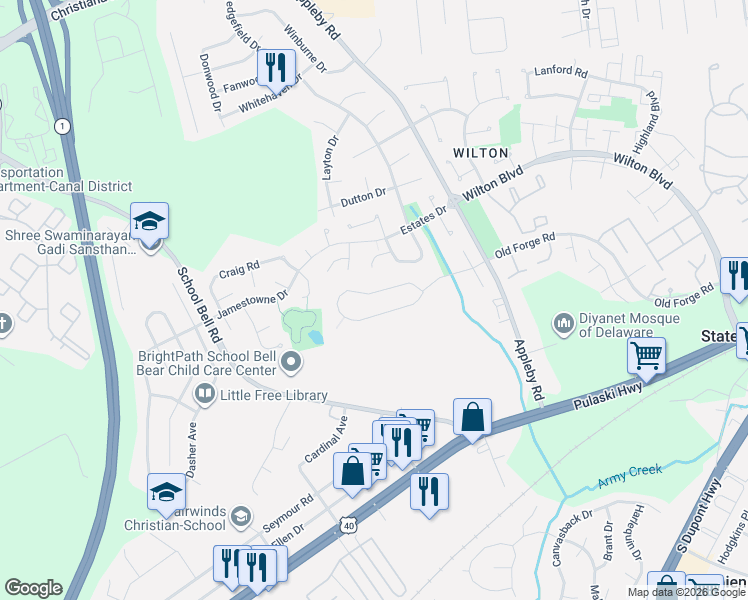 map of restaurants, bars, coffee shops, grocery stores, and more near 1054 Old Forge Road in New Castle