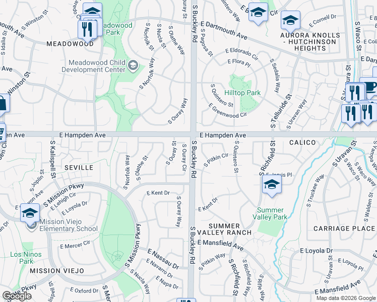 map of restaurants, bars, coffee shops, grocery stores, and more near in Aurora