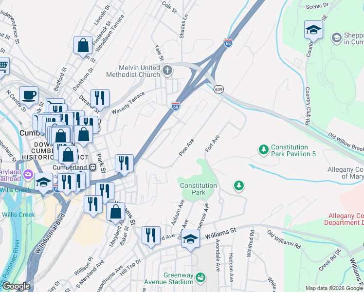 map of restaurants, bars, coffee shops, grocery stores, and more near 440 Pine Avenue in Cumberland