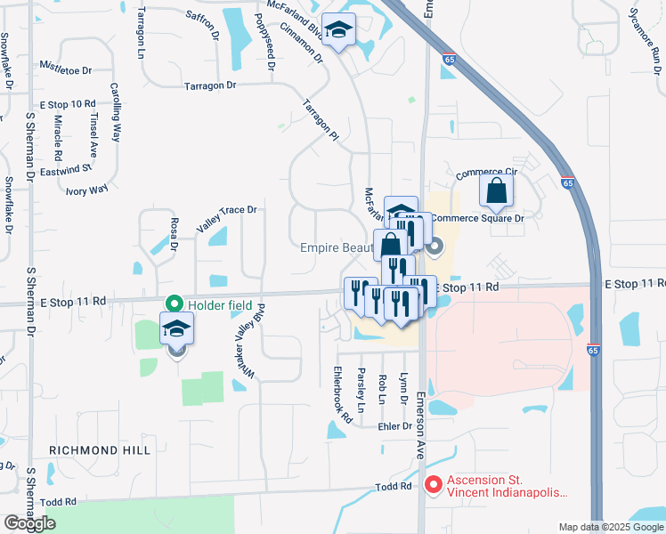 map of restaurants, bars, coffee shops, grocery stores, and more near 7830 Lovage Court in Indianapolis
