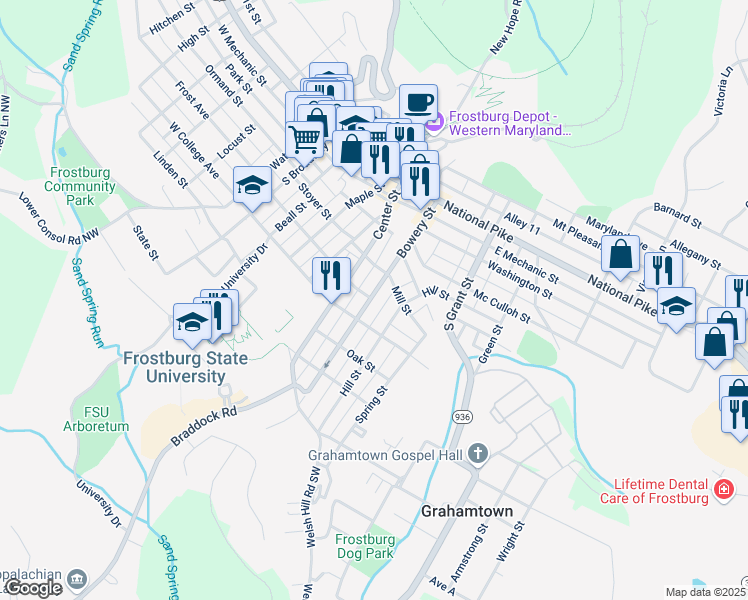 map of restaurants, bars, coffee shops, grocery stores, and more near 99 Charles Street in Frostburg