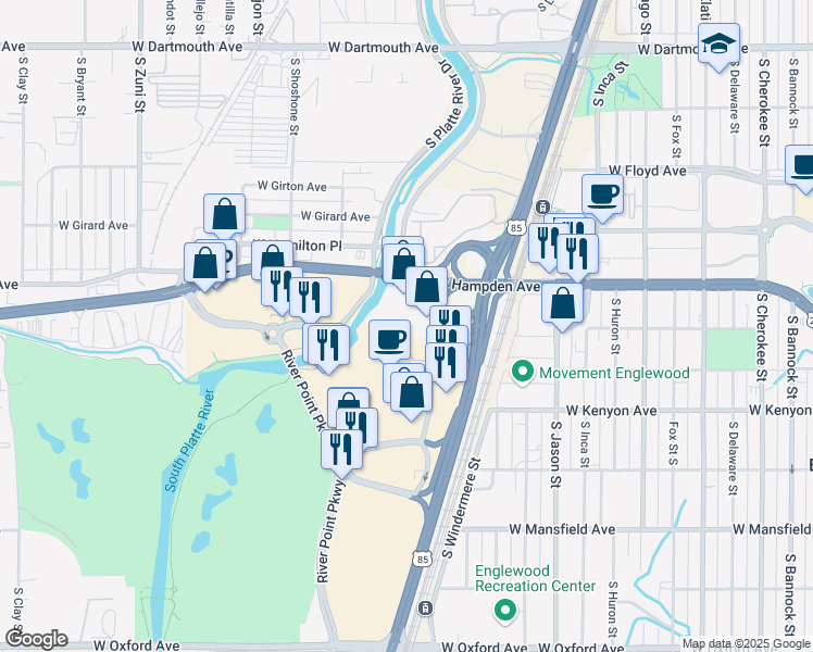 map of restaurants, bars, coffee shops, grocery stores, and more near 3 South Natches Court in Sheridan