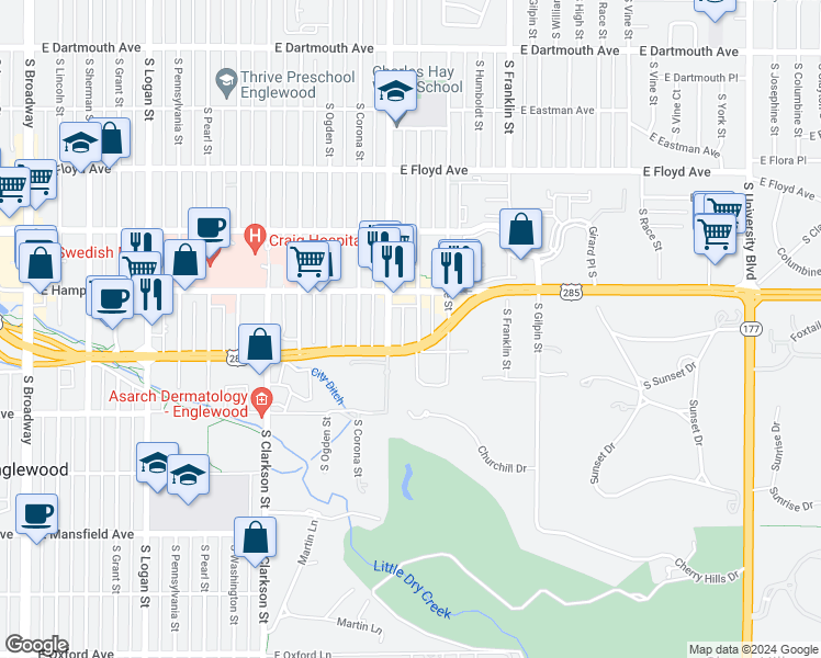 map of restaurants, bars, coffee shops, grocery stores, and more near in Englewood