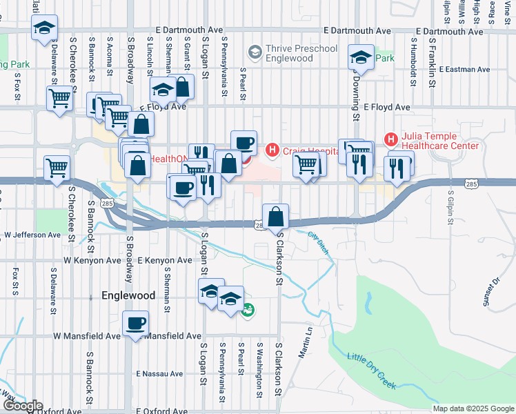 map of restaurants, bars, coffee shops, grocery stores, and more near 3540 South Washington Street in Englewood