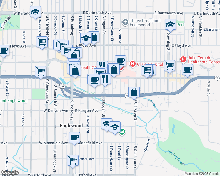 map of restaurants, bars, coffee shops, grocery stores, and more near 3531 South Pennsylvania Street in Englewood