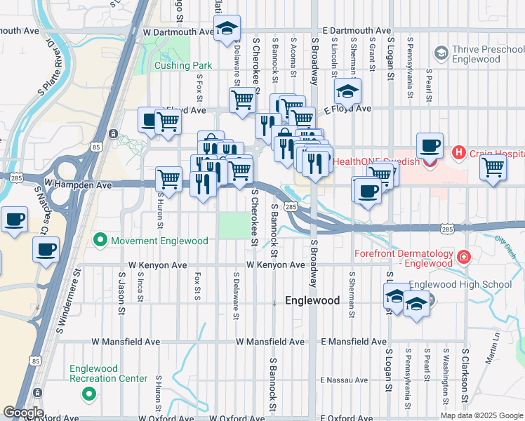 map of restaurants, bars, coffee shops, grocery stores, and more near 3536 South Cherokee Street in Englewood