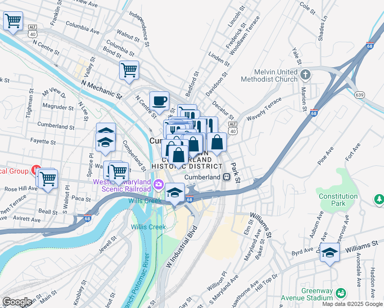 map of restaurants, bars, coffee shops, grocery stores, and more near 110 Baltimore Street in Cumberland
