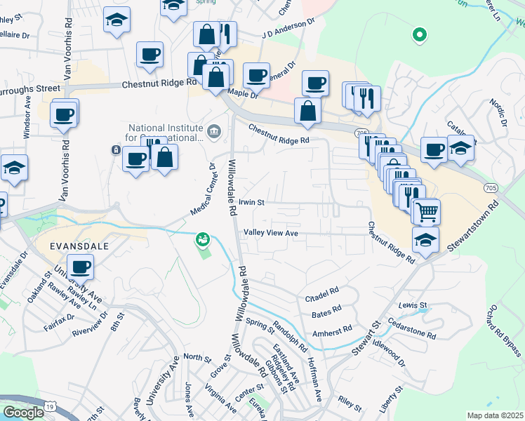 map of restaurants, bars, coffee shops, grocery stores, and more near 981 Irwin Street in Morgantown