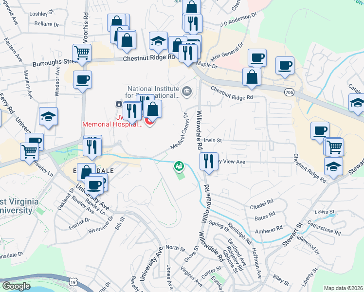 map of restaurants, bars, coffee shops, grocery stores, and more near 1001 Willowdale Road in Morgantown