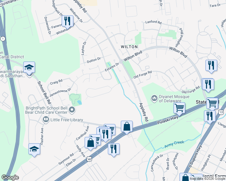 map of restaurants, bars, coffee shops, grocery stores, and more near 1184 Old Forge Road in New Castle