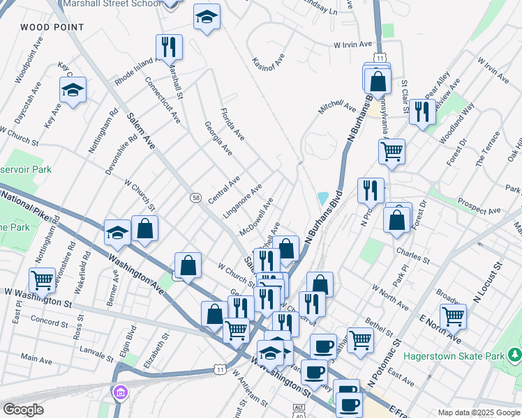 map of restaurants, bars, coffee shops, grocery stores, and more near 427 McDowell Avenue in Hagerstown