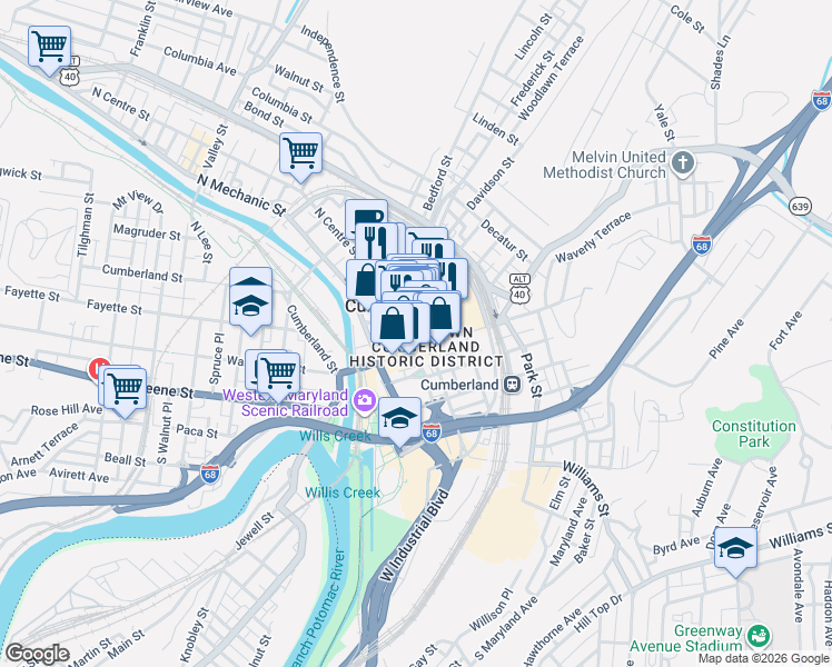 map of restaurants, bars, coffee shops, grocery stores, and more near 24 North Centre Street in Cumberland