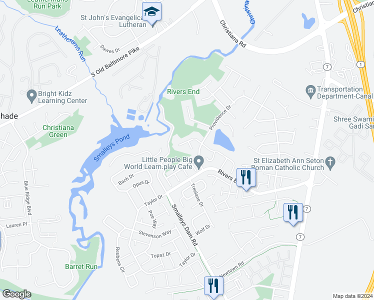 map of restaurants, bars, coffee shops, grocery stores, and more near 104 Curie Court in Bear