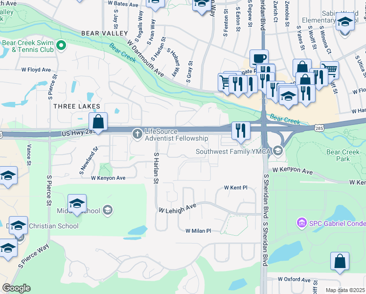 map of restaurants, bars, coffee shops, grocery stores, and more near 3550 South Harlan Street in Denver
