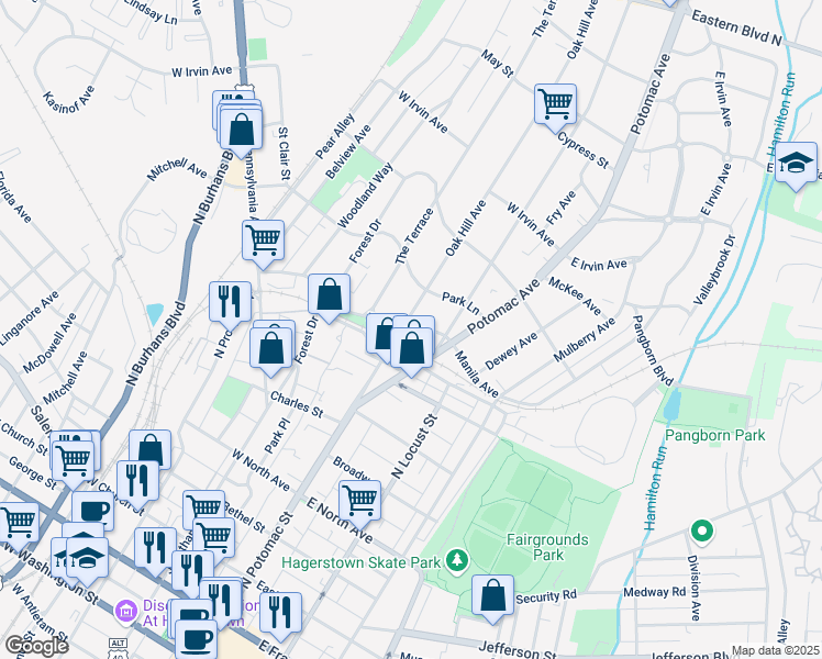 map of restaurants, bars, coffee shops, grocery stores, and more near 804 Oak Hill Avenue in Hagerstown