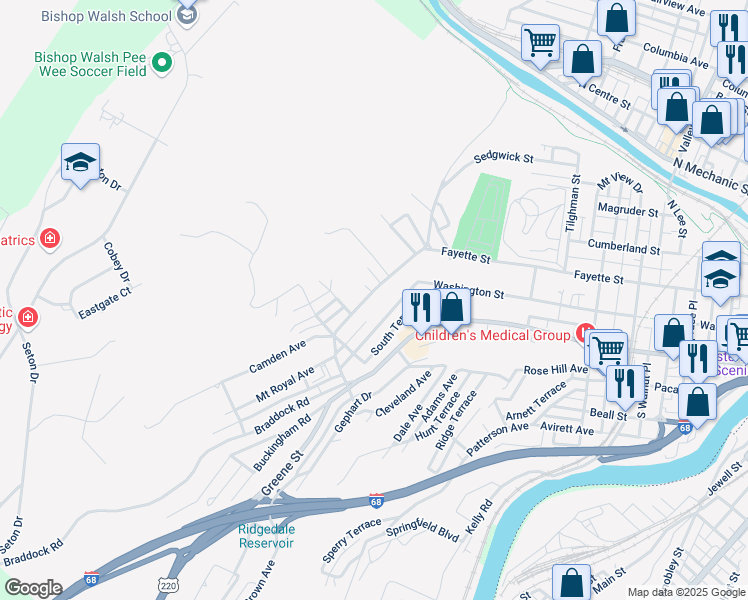 map of restaurants, bars, coffee shops, grocery stores, and more near 741 Fayette Street in Cumberland
