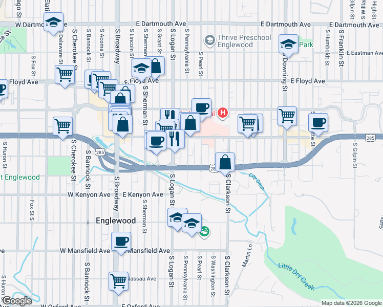 map of restaurants, bars, coffee shops, grocery stores, and more near 3531 South Pennsylvania Street in Englewood